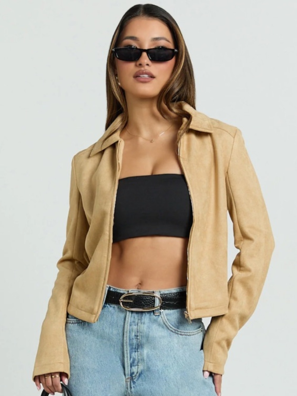 Showpo Tan Faux Suede Zip-Front Jacket